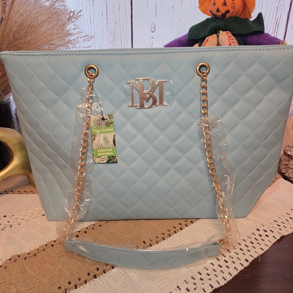 Badgley Mischka Quilted Blue Tote Bag - Picture 1 of 7